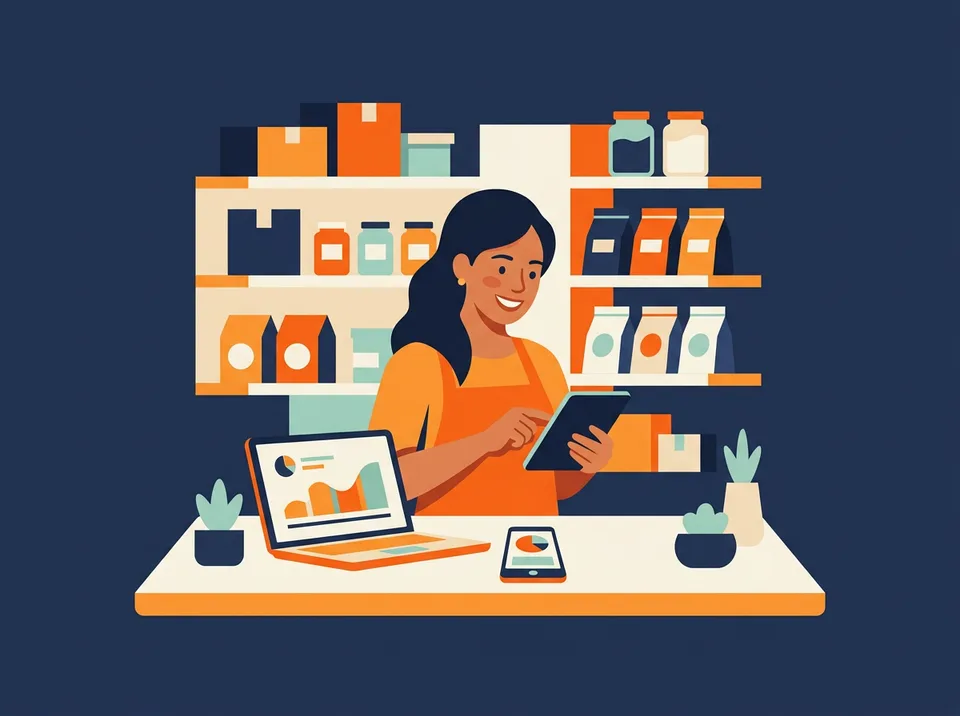 Ilustración de un negocio venezolano con facturas, inventario y reportes